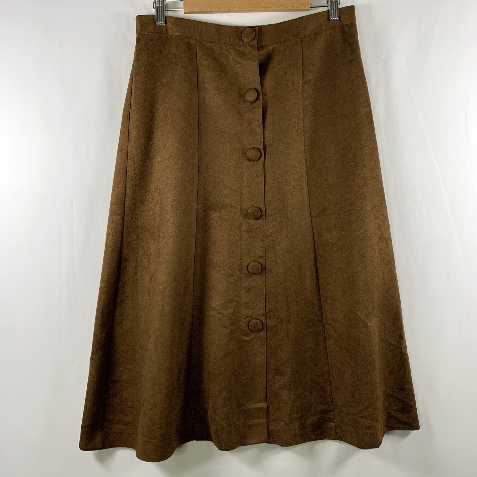 Vtg Faux Suede Button Front Midi Skirt Sz 10 Petite Brown Equestrian Academia